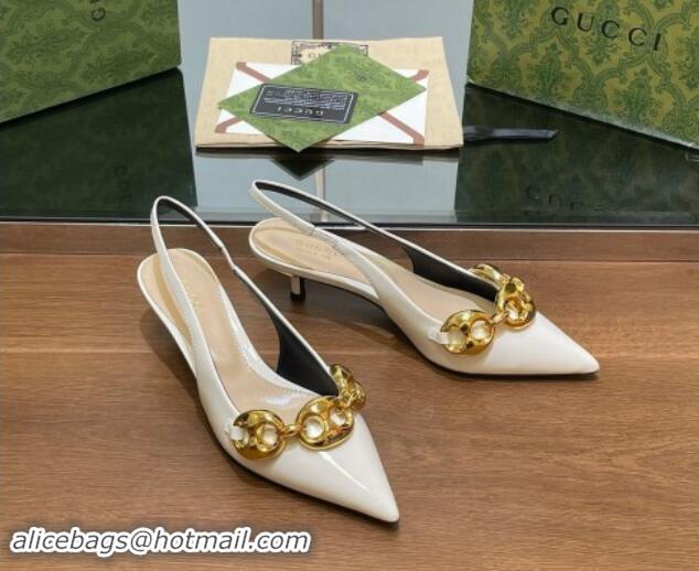 Grade Gucci Patent Leather Slingback Pumps 4.5cm with Marina Chain White 906037