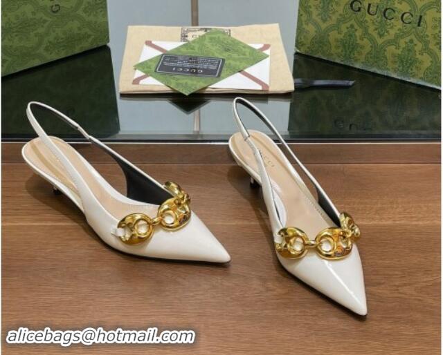 Grade Gucci Patent Leather Slingback Pumps 4.5cm with Marina Chain White 906037