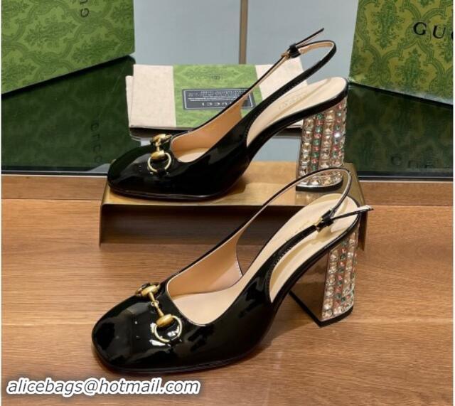 Charming Gucci Patent Leather Horsebit Slingback Pumps 9.5cm with Strass Heel Black 906038