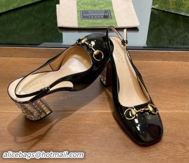 Charming Gucci Patent Leather Horsebit Slingback Pumps 9.5cm with Strass Heel Black 906038