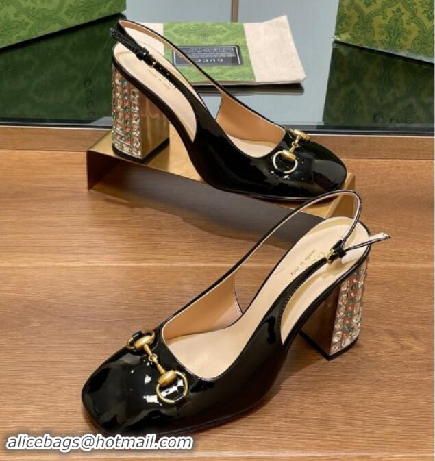 Charming Gucci Patent Leather Horsebit Slingback Pumps 9.5cm with Strass Heel Black 906038