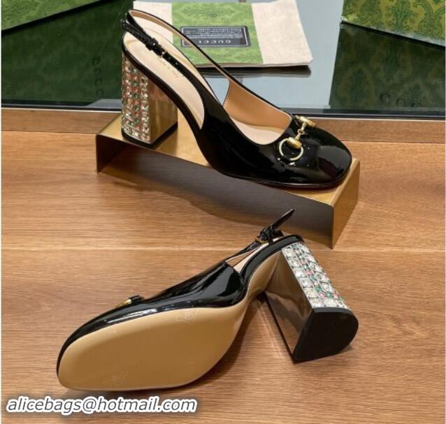 Charming Gucci Patent Leather Horsebit Slingback Pumps 9.5cm with Strass Heel Black 906038