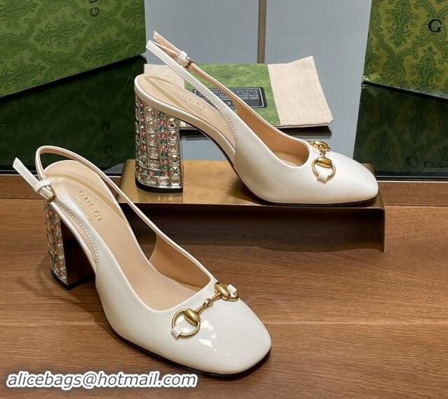 Best Price Gucci Patent Leather Horsebit Slingback Pumps 9.5cm with Strass Heel White 906039