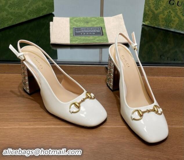 Best Price Gucci Patent Leather Horsebit Slingback Pumps 9.5cm with Strass Heel White 906039