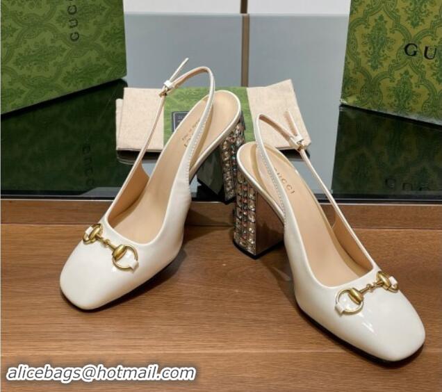 Best Price Gucci Patent Leather Horsebit Slingback Pumps 9.5cm with Strass Heel White 906039