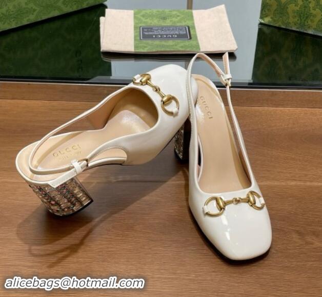 Best Price Gucci Patent Leather Horsebit Slingback Pumps 9.5cm with Strass Heel White 906039