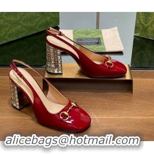 Luxurious Gucci Patent Leather Horsebit Slingback Pumps 9.5cm with Strass Heel Red 906040