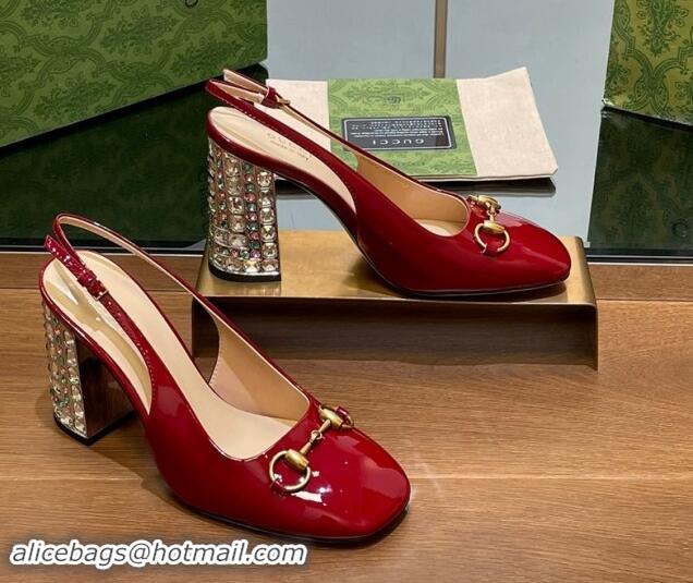 Luxurious Gucci Patent Leather Horsebit Slingback Pumps 9.5cm with Strass Heel Red 906040