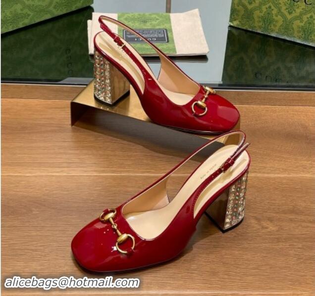 Luxurious Gucci Patent Leather Horsebit Slingback Pumps 9.5cm with Strass Heel Red 906040