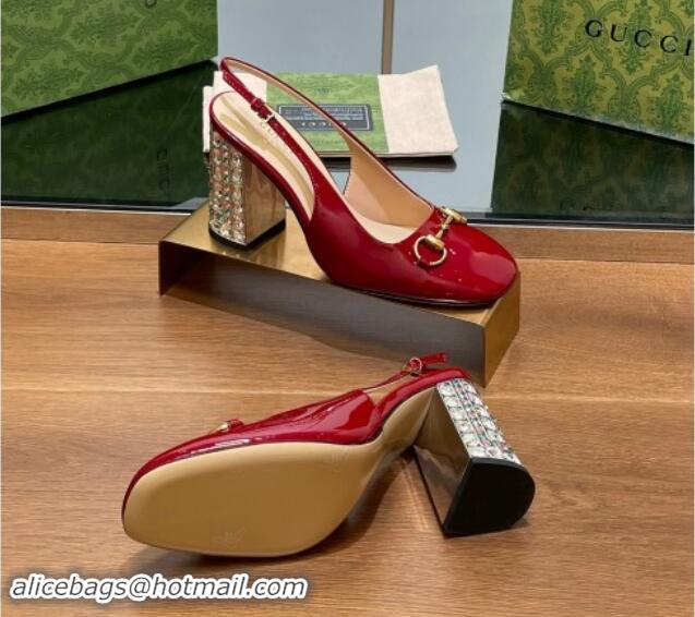 Luxurious Gucci Patent Leather Horsebit Slingback Pumps 9.5cm with Strass Heel Red 906040