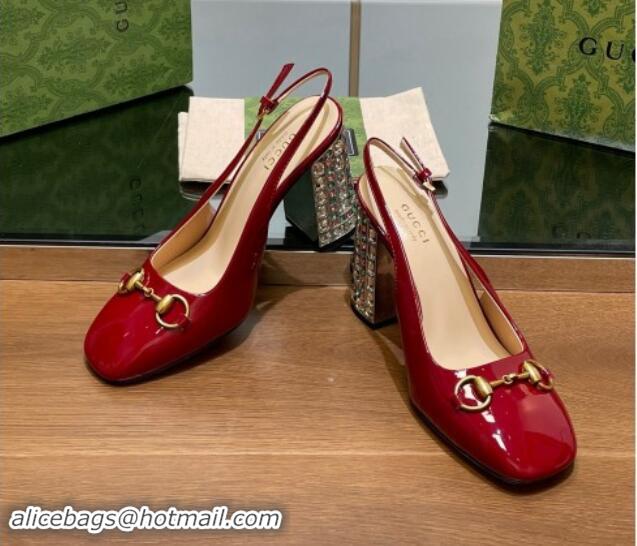 Luxurious Gucci Patent Leather Horsebit Slingback Pumps 9.5cm with Strass Heel Red 906040