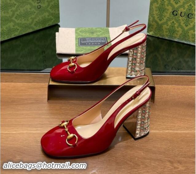 Luxurious Gucci Patent Leather Horsebit Slingback Pumps 9.5cm with Strass Heel Red 906040