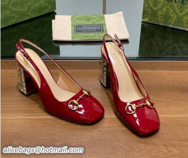 Luxurious Gucci Patent Leather Horsebit Slingback Pumps 9.5cm with Strass Heel Red 906040