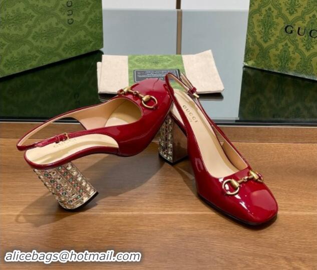 Luxurious Gucci Patent Leather Horsebit Slingback Pumps 9.5cm with Strass Heel Red 906040