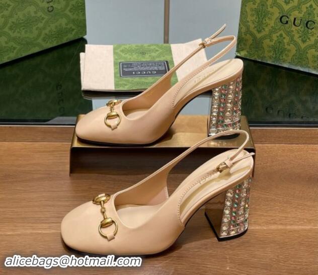 Popular Style Gucci Patent Leather Horsebit Slingback Pumps 9.5cm with Strass Heel Beige 906041