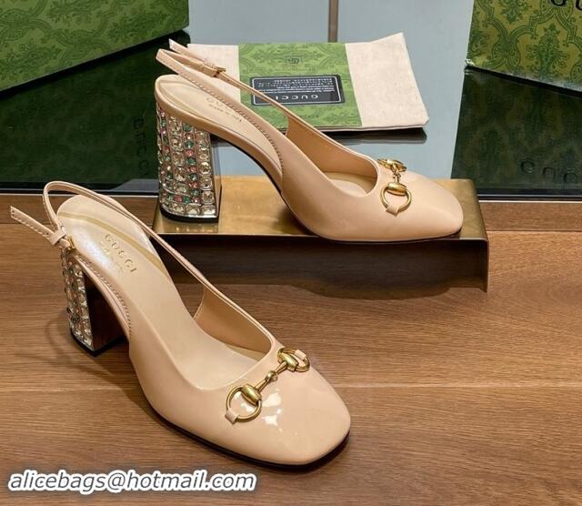 Popular Style Gucci Patent Leather Horsebit Slingback Pumps 9.5cm with Strass Heel Beige 906041