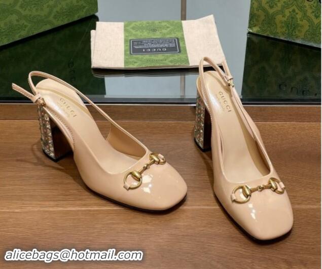 Popular Style Gucci Patent Leather Horsebit Slingback Pumps 9.5cm with Strass Heel Beige 906041