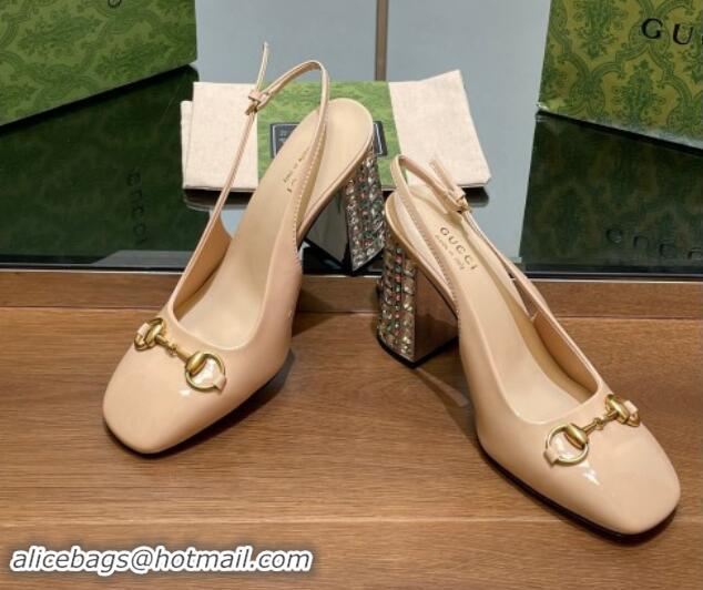 Popular Style Gucci Patent Leather Horsebit Slingback Pumps 9.5cm with Strass Heel Beige 906041