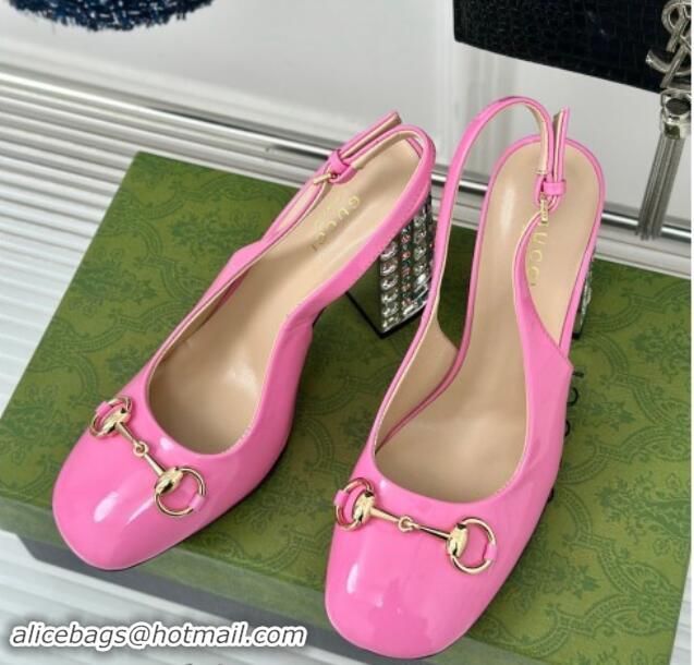 Top Design Gucci Patent Leather Horsebit Slingback Pumps 9.5cm with Strass Heel Pink 906042