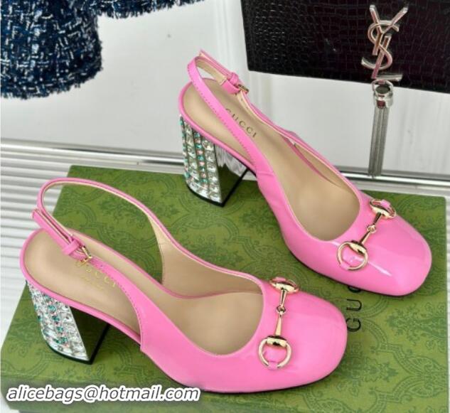 Top Design Gucci Patent Leather Horsebit Slingback Pumps 9.5cm with Strass Heel Pink 906042