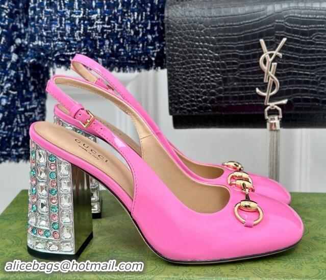 Top Design Gucci Patent Leather Horsebit Slingback Pumps 9.5cm with Strass Heel Pink 906042