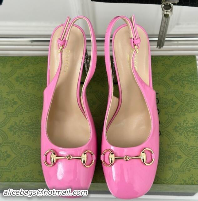 Top Design Gucci Patent Leather Horsebit Slingback Pumps 9.5cm with Strass Heel Pink 906042