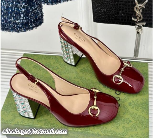 Best Grade Gucci Patent Leather Horsebit Slingback Pumps 9.5cm with Strass Heel Dark Burgundy 906043