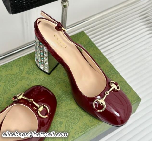 Best Grade Gucci Patent Leather Horsebit Slingback Pumps 9.5cm with Strass Heel Dark Burgundy 906043