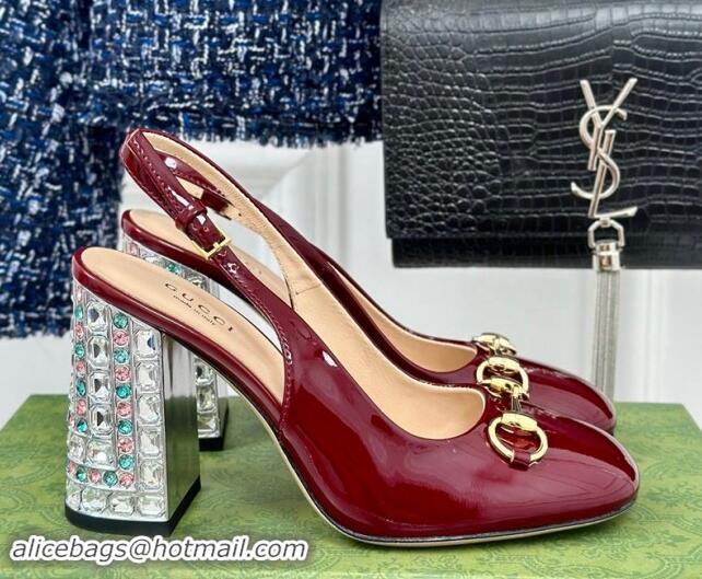 Best Grade Gucci Patent Leather Horsebit Slingback Pumps 9.5cm with Strass Heel Dark Burgundy 906043