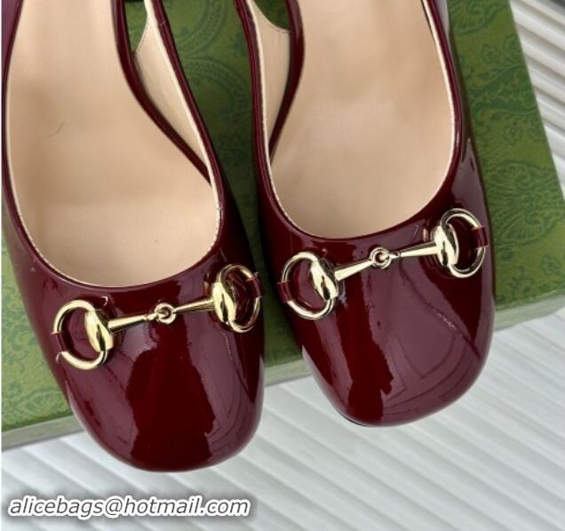 Best Grade Gucci Patent Leather Horsebit Slingback Pumps 9.5cm with Strass Heel Dark Burgundy 906043