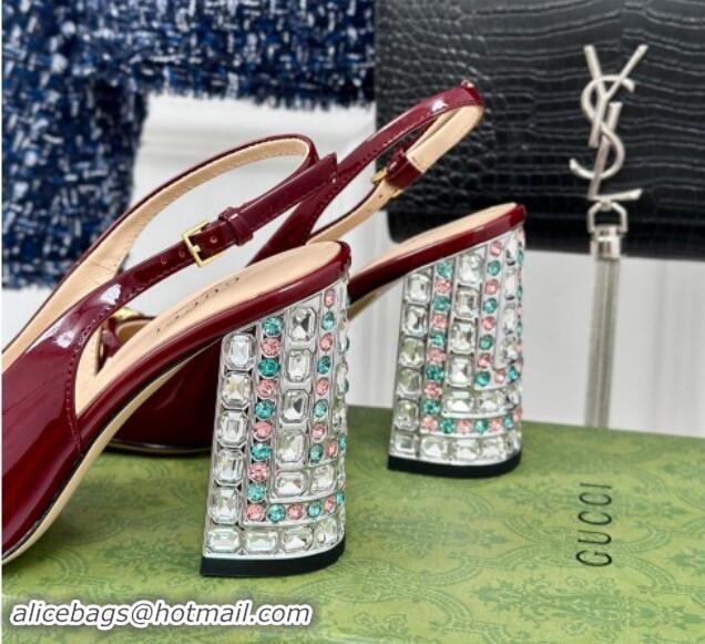 Best Grade Gucci Patent Leather Horsebit Slingback Pumps 9.5cm with Strass Heel Dark Burgundy 906043