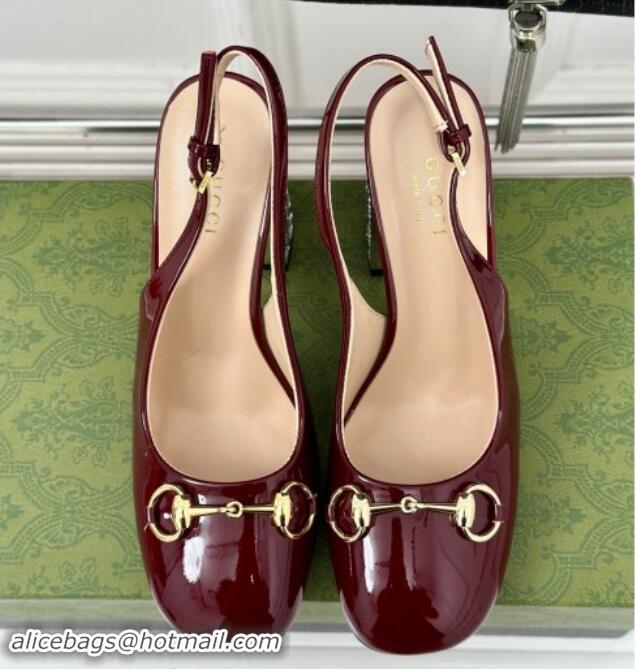 Best Grade Gucci Patent Leather Horsebit Slingback Pumps 9.5cm with Strass Heel Dark Burgundy 906043