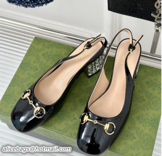 Hot Style Gucci Patent Leather Horsebit Slingback Pumps 6.5cm with Strass Heel Black 906044