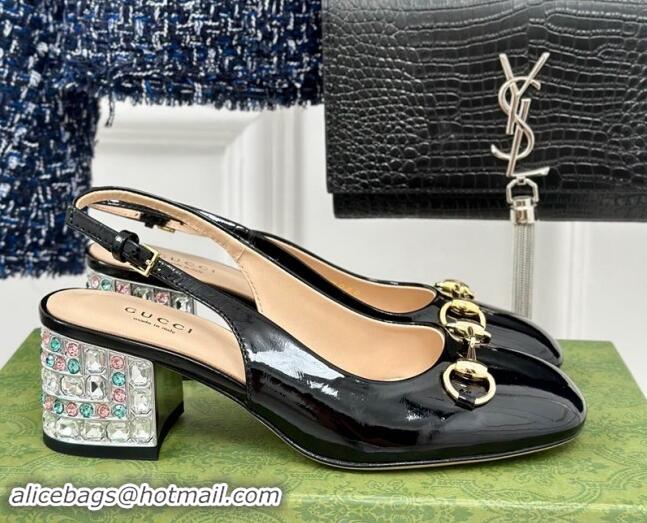 Hot Style Gucci Patent Leather Horsebit Slingback Pumps 6.5cm with Strass Heel Black 906044