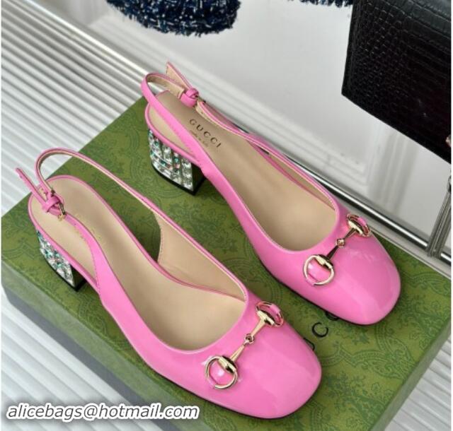 Trendy Design Gucci Patent Leather Horsebit Slingback Pumps 6.5cm with Strass Heel Pink 906045