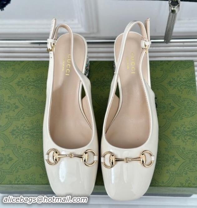 Good Quality Gucci Patent Leather Horsebit Slingback Pumps 6.5cm with Strass Heel White 906046