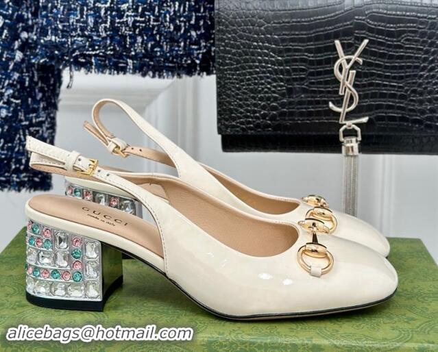 Good Quality Gucci Patent Leather Horsebit Slingback Pumps 6.5cm with Strass Heel White 906046