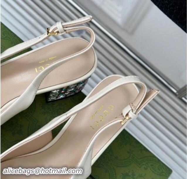 Good Quality Gucci Patent Leather Horsebit Slingback Pumps 6.5cm with Strass Heel White 906046