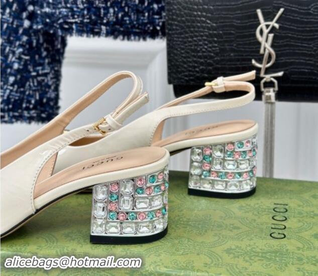 Good Quality Gucci Patent Leather Horsebit Slingback Pumps 6.5cm with Strass Heel White 906046