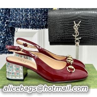 Luxury Cheap Gucci Patent Leather Horsebit Slingback Pumps 6.5cm with Strass Heel Burgundy 906047