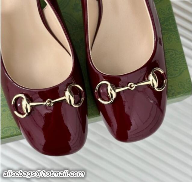 Luxury Cheap Gucci Patent Leather Horsebit Slingback Pumps 6.5cm with Strass Heel Burgundy 906047