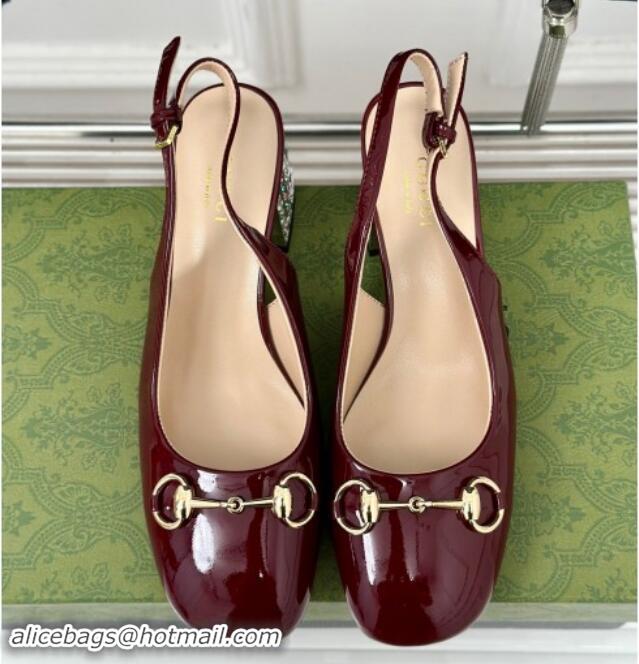 Luxury Cheap Gucci Patent Leather Horsebit Slingback Pumps 6.5cm with Strass Heel Burgundy 906047