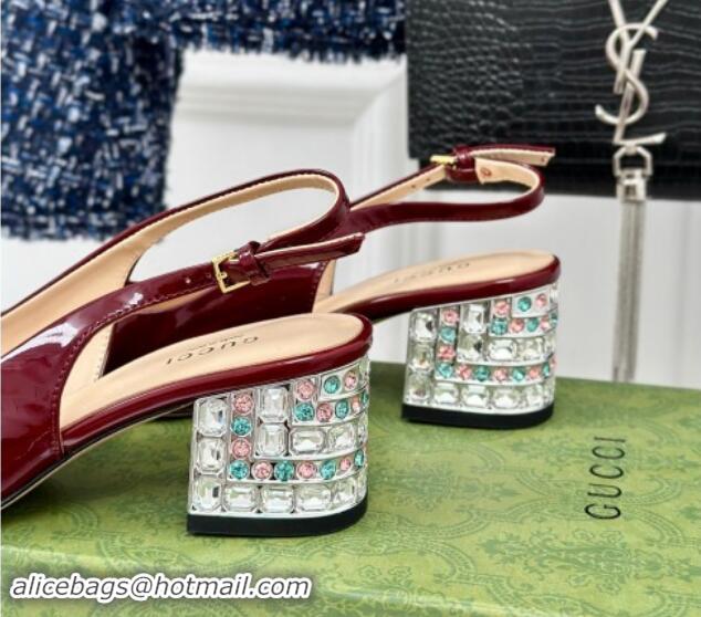 Luxury Cheap Gucci Patent Leather Horsebit Slingback Pumps 6.5cm with Strass Heel Burgundy 906047