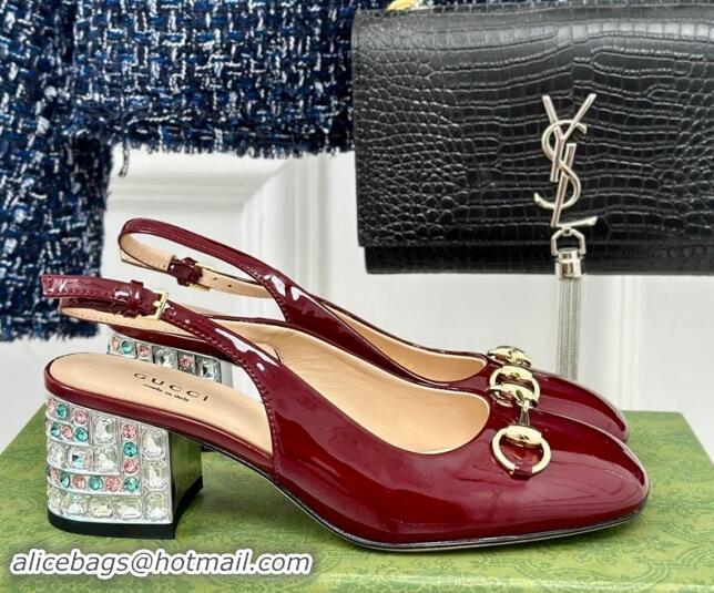 Luxury Cheap Gucci Patent Leather Horsebit Slingback Pumps 6.5cm with Strass Heel Burgundy 906047