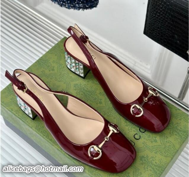 Luxury Cheap Gucci Patent Leather Horsebit Slingback Pumps 6.5cm with Strass Heel Burgundy 906047