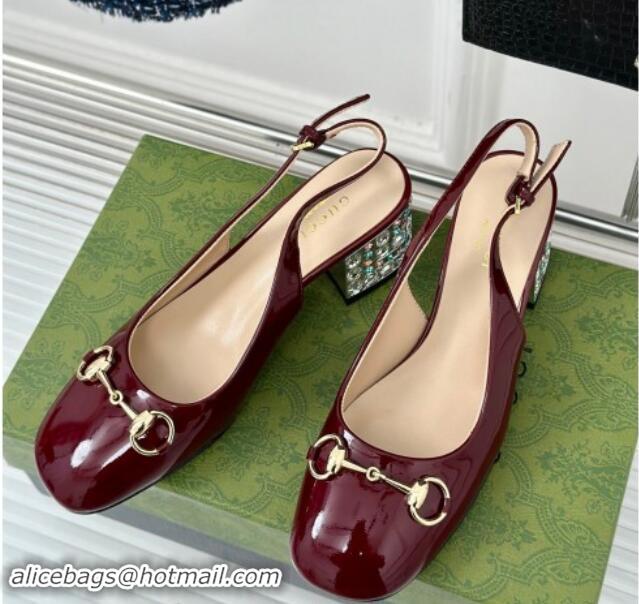 Luxury Cheap Gucci Patent Leather Horsebit Slingback Pumps 6.5cm with Strass Heel Burgundy 906047