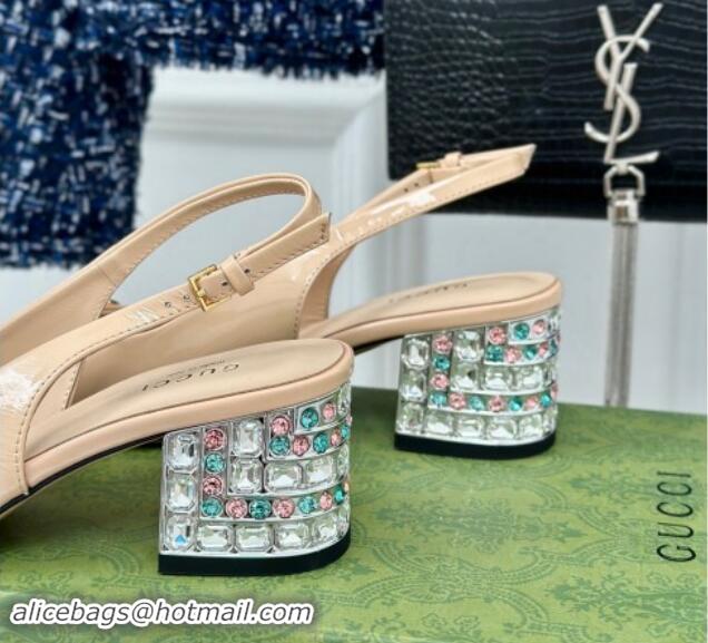 Classic Hot Gucci Patent Leather Horsebit Slingback Pumps 6.5cm with Strass Heel Beige 906048