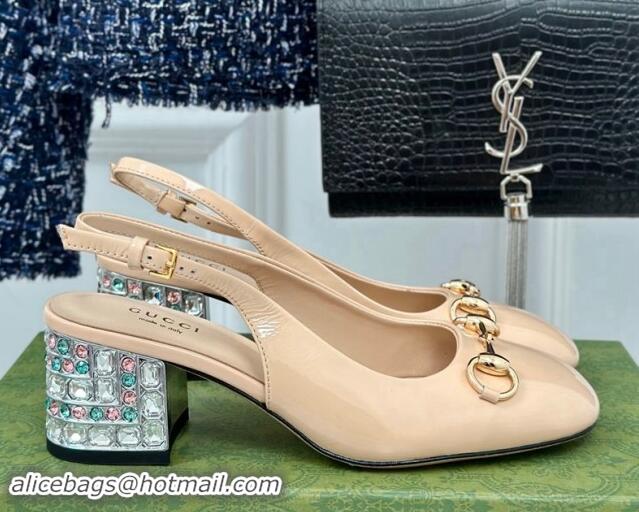 Classic Hot Gucci Patent Leather Horsebit Slingback Pumps 6.5cm with Strass Heel Beige 906048