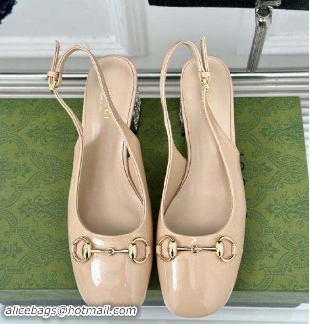 Classic Hot Gucci Patent Leather Horsebit Slingback Pumps 6.5cm with Strass Heel Beige 906048