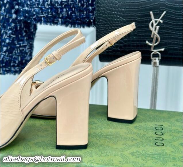 Most Popular Gucci Patent Leather Horsebit Slingback Pumps 9.5cm Beige 906052